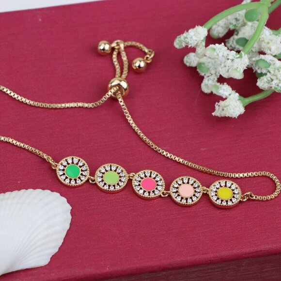 Rose Gold Adjustable Bracelet with Colorful CZ Disc Charms, XPAB0659 - Picture 11 of 12